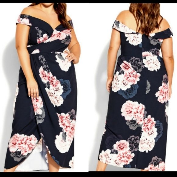 18 Plus size City Chic Floral Tulip Hem Off the Shoulder Dress Black/Pink.  Size - Picture 2 of 8